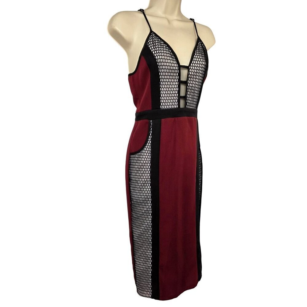 Runaway Wine Red Black Mesh Panel Bodycon Dress AU 8 US S Colorblock Adjust Stra